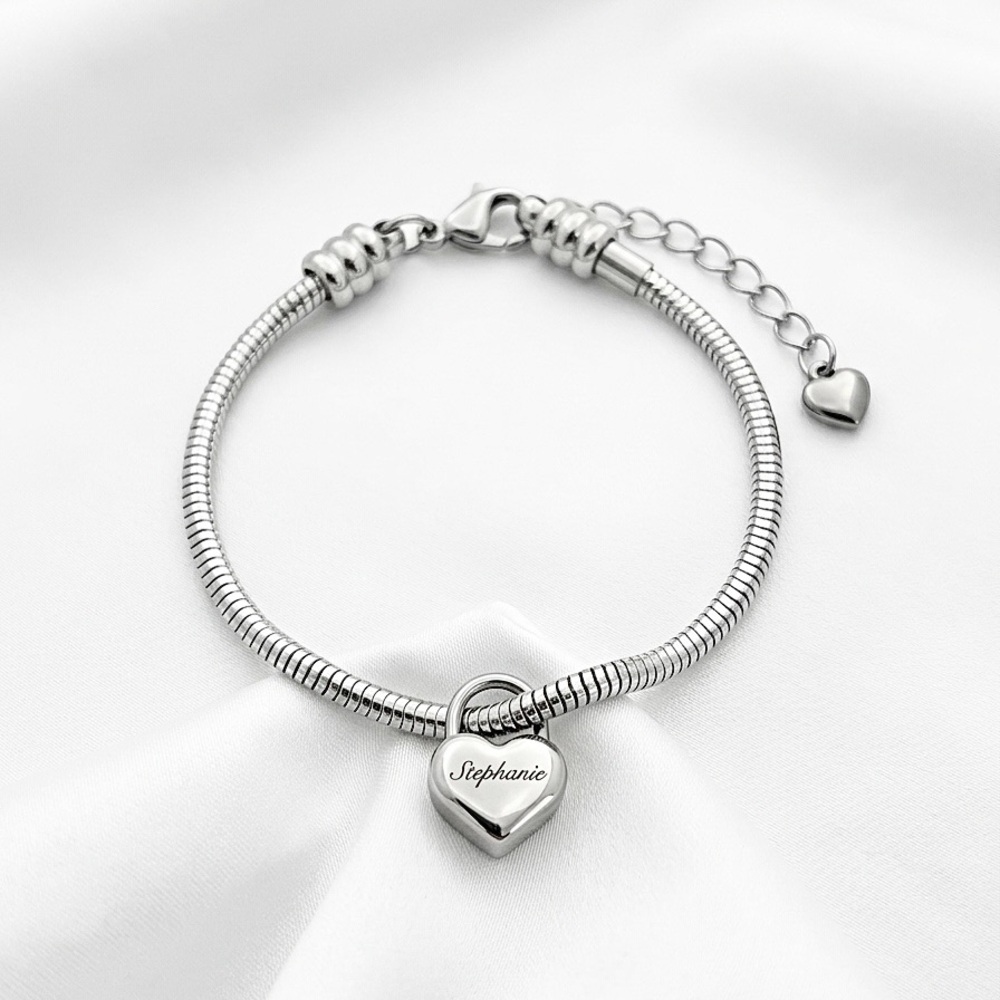 Linx Snake Chain Charm Bracelet with Personalized Name Padlock Heart Charm